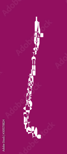 Countries winemakers - stylized maps from silhouettes of wine bottles, glasses and decanters. Map of Chile.