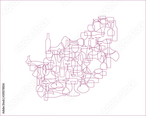 Countries winemakers - stylized maps from silhouettes of wine bottles, glasses and decanters. Map of South Africa.
