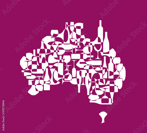 Countries winemakers - stylized maps from silhouettes of wine bottles, glasses and decanters. Map of Australia.