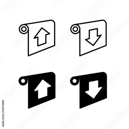 Projector screen control icons with direction arrows roll up and down. Blinds remote control buttons symbols. Garage gate open and close signs. Adjustable stroke width.