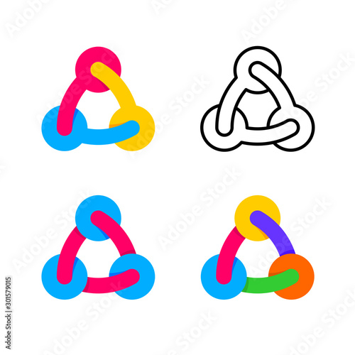 Abstract triple tech logo. Three connected round dots or balls in shape of triangle. Colorful industrial logo. Touching each other concept.