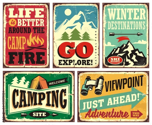 Hiking and camping retro signs collection. Outdoor activities vintage posters set. Wilderness and adventures vector illustration.