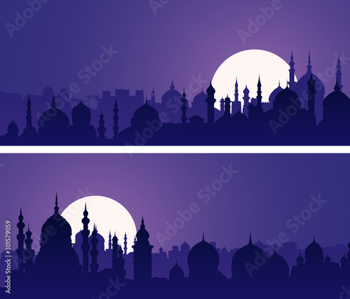 Horizontal banners of eastern city with minarets and domes at night.