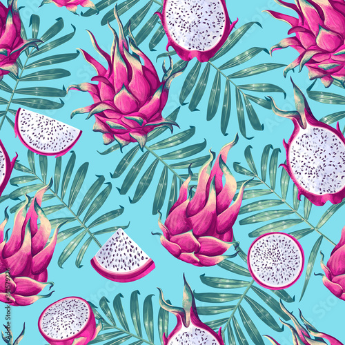 Seamless Pattern with Dragon Fruit and Palm Leaves on turquoise blue background. Saturated vibrant tropical pattern. Hand-drawn realistic and highly detailed elements for prints, wrapping paper.