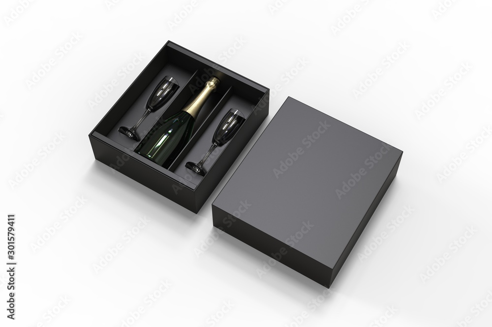 Champagne bottle and flute glass Gift Box for branding and mock up. 3d render illustration. Champagne bottle and flute glass Gift Box for branding and mock up. 3d render illustration.