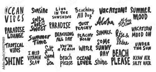 Ocean, vibes, paradise, sun, sunny, shine, beach, please, tropical, aloha, summer, mood. Vector hand drawn illustration collection set with cartoon lettering. 