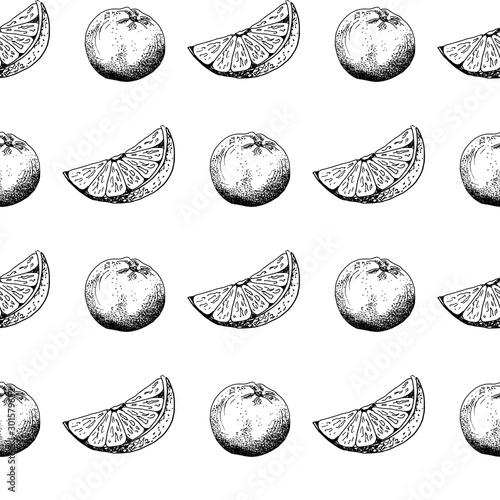 Orange sketch pattern. Hand drawn black orandes and orange slices on white background. Seamless vector backdrop