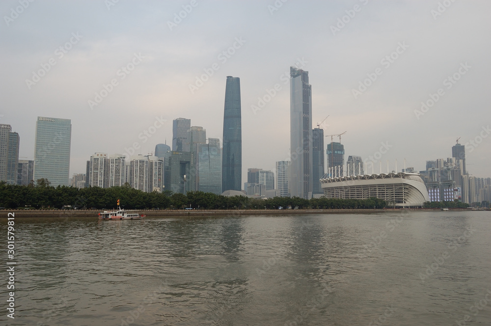 The urban landscape seen from the Pearl River in Guangzhou, China