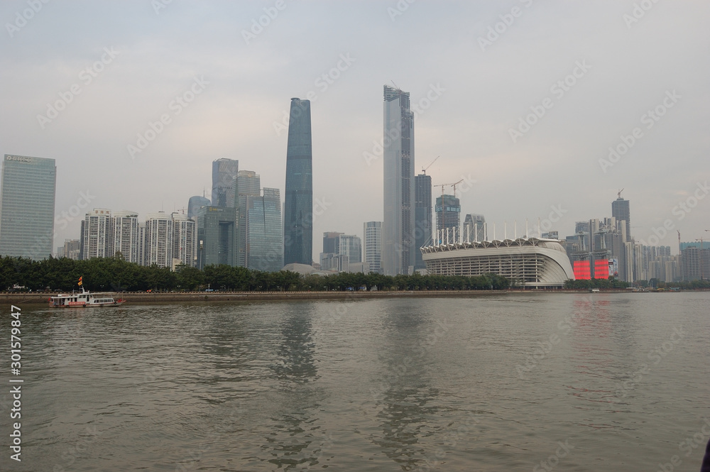 The cityscape that may be seen from the Pearl River in Guangzhou, China
