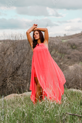 Beautiful girl playing and posing in the red dress!