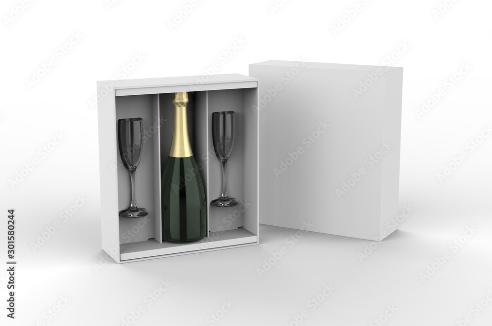Champagne bottle and flute glass Gift Box for branding and mock up. 3d render illustration. Champagne bottle and flute glass Gift Box for branding and mock up. 3d render illustration.