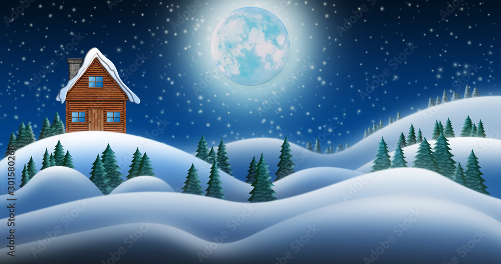 Santa Clause House at North Pole in Snow Fields In Winter Christmas Night