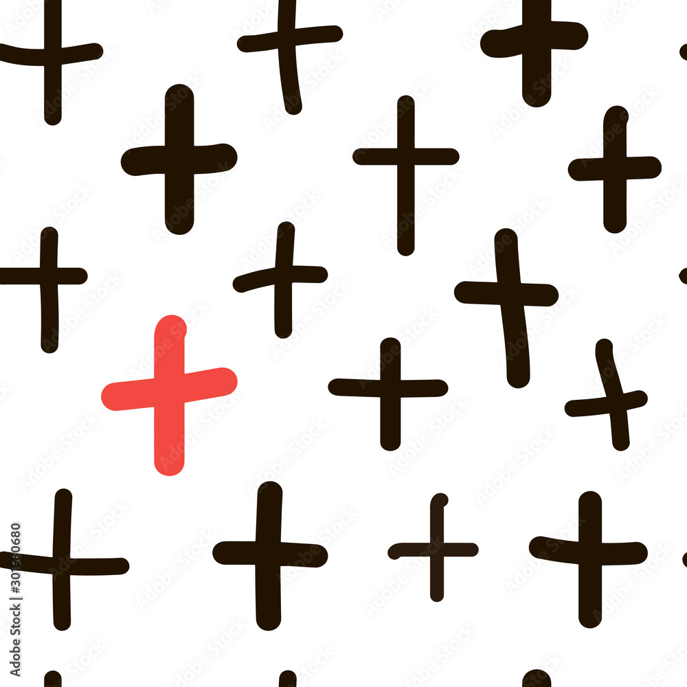 Pattern of black crosses on a white background with a single red cross