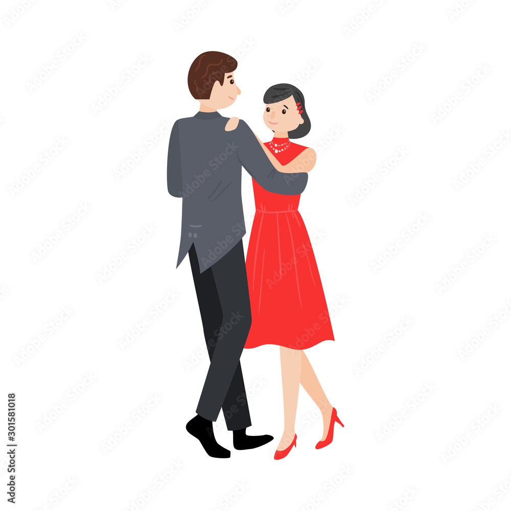 Dancing pair of man in elegant costume and girl in a red dress. Vector illustration in flat cartoon style. Dancing pair of man in elegant costume and girl in a red dress. Vector illustration in flat cartoon style.