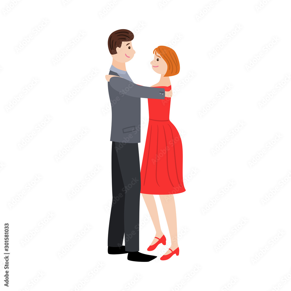 Smiling dancing pair of man in elegant costume and girl in a red dress. Vector illustration in flat cartoon style. Smiling dancing pair of man in elegant costume and girl in a red dress. Vector illustration in flat cartoon style.