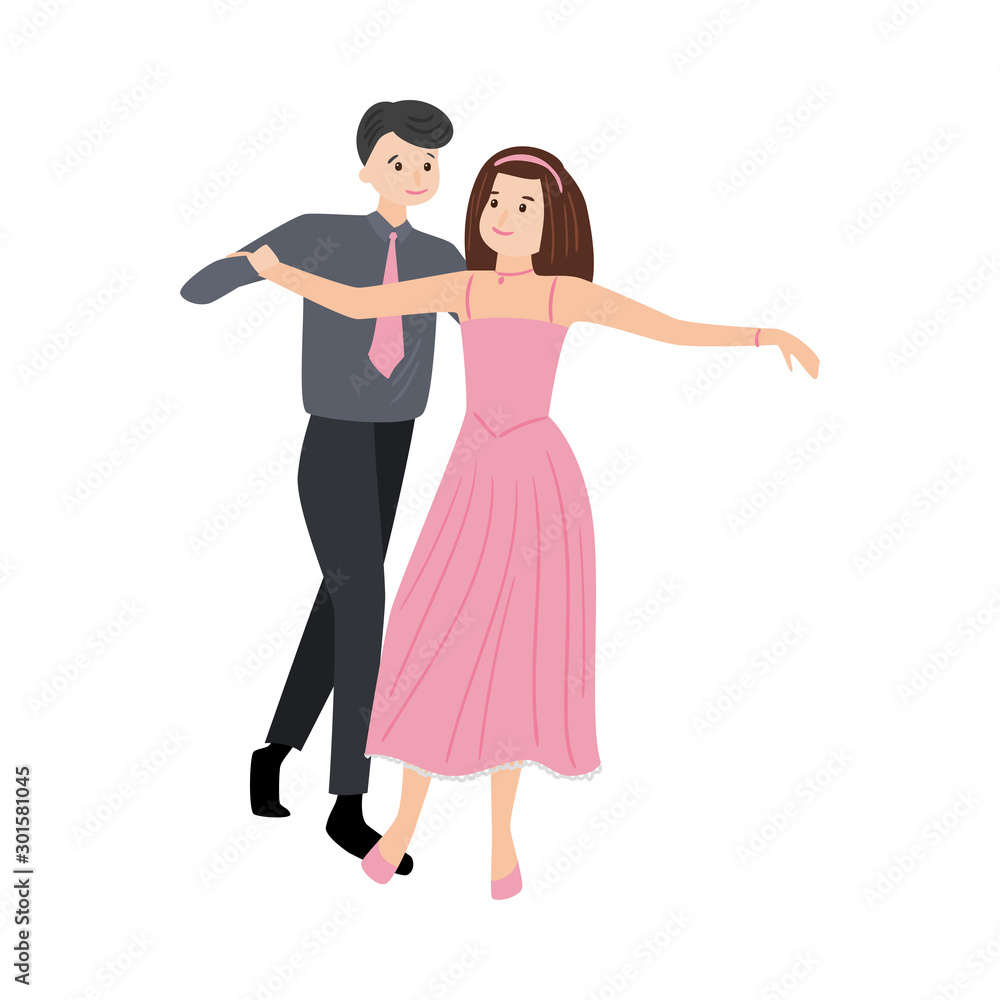 Dancing pair of man in a shirt with a tie and girl in a long pink dress. Vector illustration in flat cartoon style.