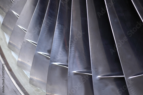 Blades of fan aviation engine close up view