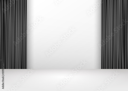 Empty vivid black color and red line studio table room background, product display with copy space for display of content design.