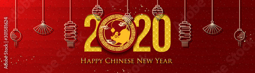 2020 Chinese New Year Greeting Card. Year of the Rat. Chinese New-Year. Paper cut with Rat and Flowers. gong xi fa cai 2020. Hieroglyph - Zodiac Sign Rat. Place for your Text.