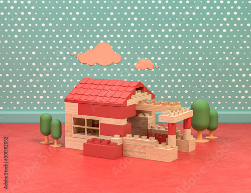 Wood and plastic vintage style playroom and toys with trees and blocks home on green and red background, 3d Rendering photo