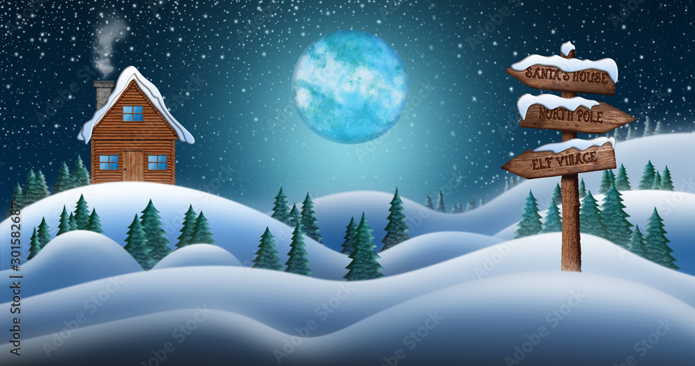 Naklejka premium Santa Clause House in Snow Fields In Winter Christmas Night With Directional Sign Leading To Elf Village, North Pole and Santas House