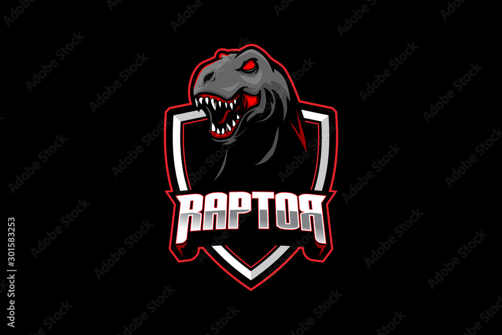 Raptor dinosaur Tyrannosaurus or T-rex head with shield vector logo template