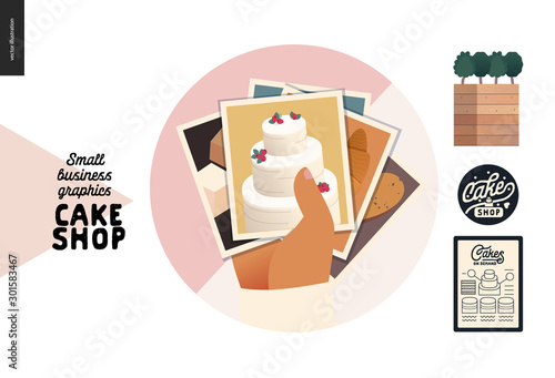 Cake shop, cakes on demand - small business graphics - menu icon -modern flat vector concept illustrations - a round badge with a stack of photos of cakes, tarts, cupcakes. Cake shop details