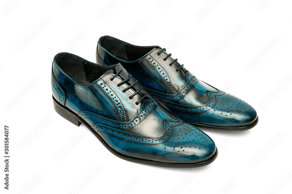 Pair of black and blue leather shoes on white background, isolated product, top view. Pair of black and blue leather shoes on white background, isolated product, top view.