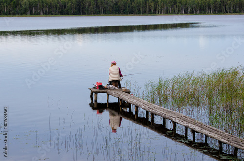 A woman sits on a long wooden platform and catches fish in a large pond. There is aquatic vegetation and a forest on the opposite bank. Summer season. Background. Scenery.