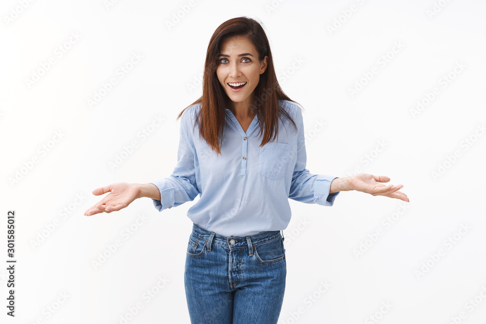 Surprised relaxed chill good-looking caucasian brunette woman laughing, explain easy deal, spread hands sideways careless, chuckling arrogant, give no concern person problems, stand white background Surprised relaxed chill good-looking caucasian brunette woman laughing, explain easy deal, spread hands sideways careless, chuckling arrogant, give no concern person problems, stand white background