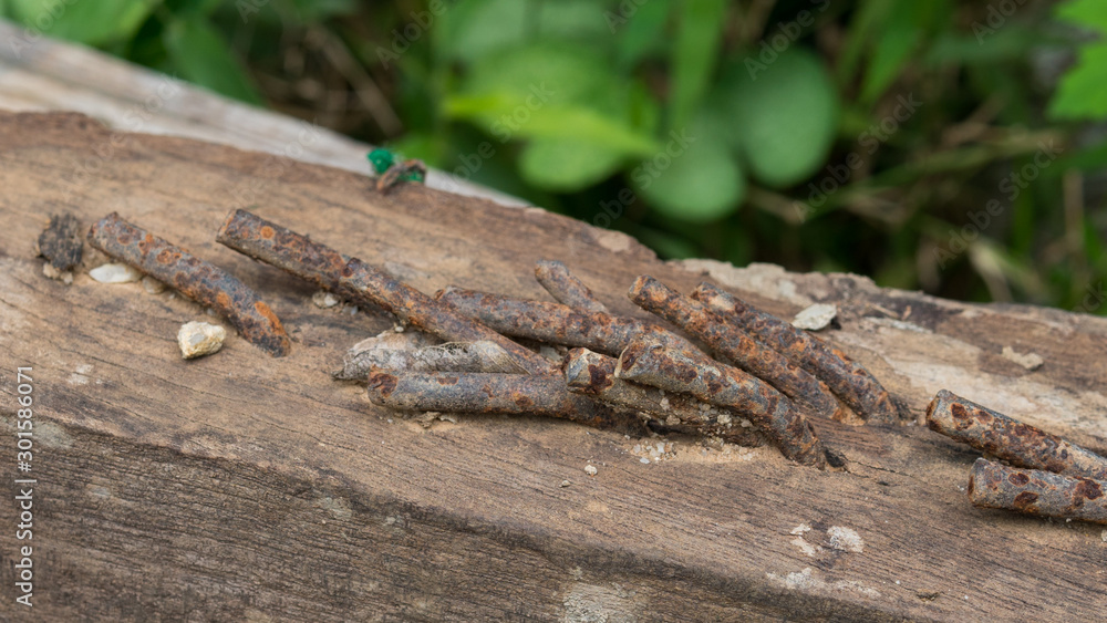 Old wooden with rusted nail attached to the wood surface. Old wooden with rusted nail attached to the wood surface.