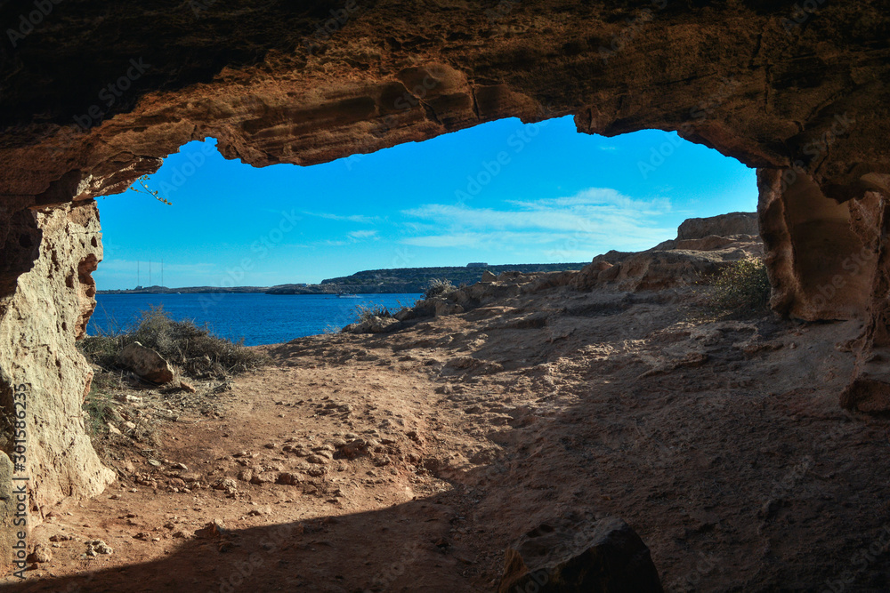 View of Konnos Bay from Cyclops Cave in Cyprus.