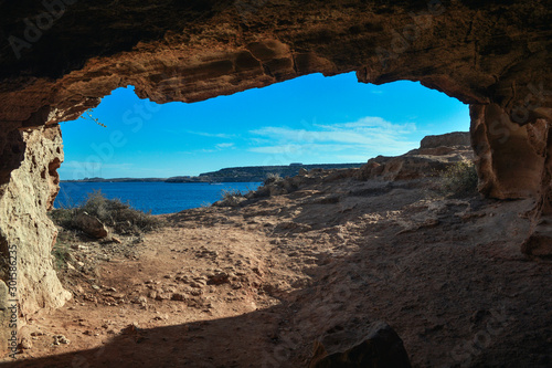 View of Konnos Bay from Cyclops Cave in Cyprus.