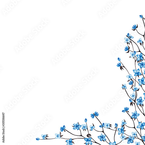 Corner frame of decorative blue flowers on black branches. Elegant spring decoration. Watercolor hand painted elements isolated on white background. 