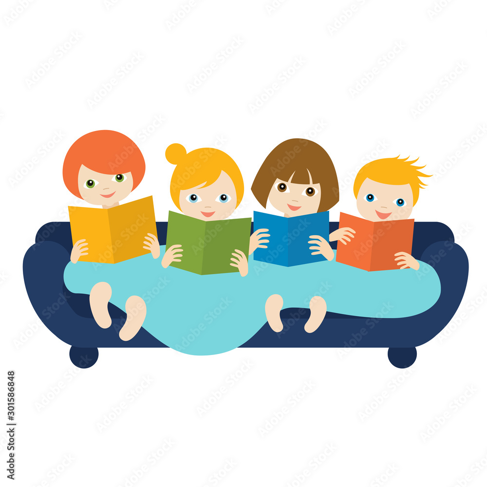 Children, kids reading a books sitting on the sofa. Flat vector. Children, kids reading a books sitting on the sofa. Flat vector.