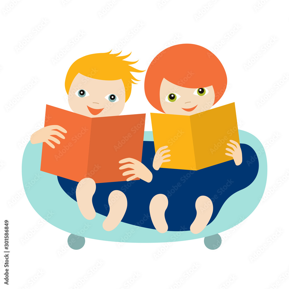 Children, kids reading a books sitting on the sofa. Flat vector. Children, kids reading a books sitting on the sofa. Flat vector.