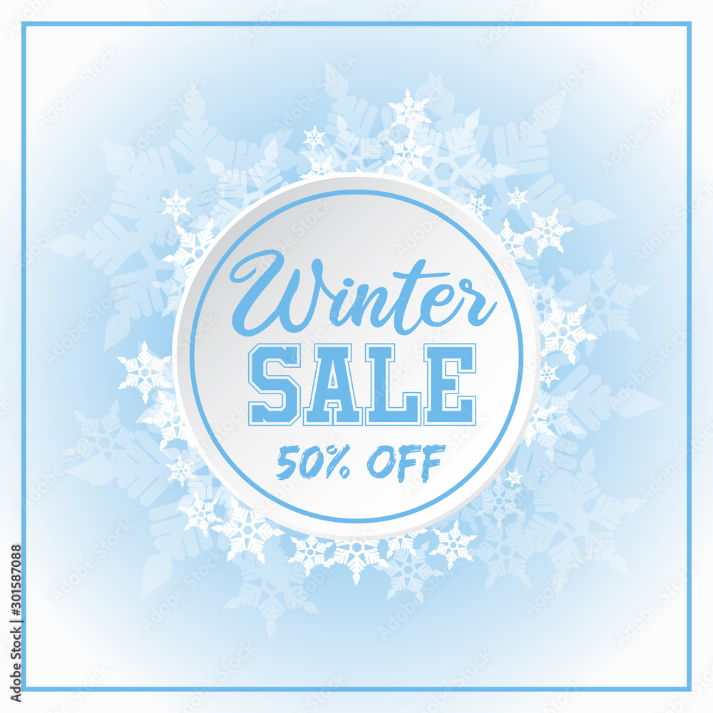 Winter sale promotion vector design. Square format. Light blue fades to white background, with a circle in the center and white snowflakes around the circle with sale text inside the circle