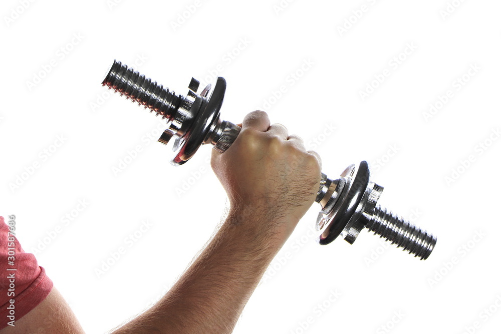 Men's arm lifting dumbbell - healthy man concept isolated on white background. Men's arm lifting dumbbell - healthy man concept isolated on white background.