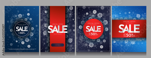 Set of winter graphic posters. Art design. Modern decorative invitation with red and blue color. Covers for brochures. Creative luxury concept. Discount sale banner. Flat snowflakes. Snowfall. A4 size