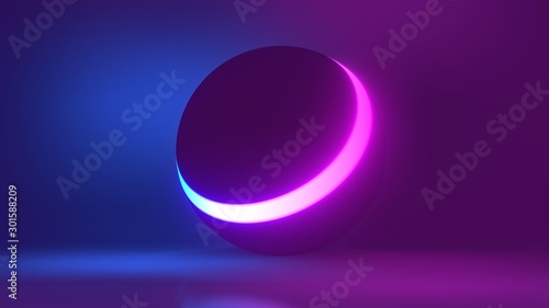 Abstract colorful glowing neon light sphere, laser show, blank space, disco ball, esoteric energy, abstract background, ultraviolet spectrum. 3d illustration.