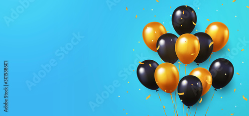 Celebration, festival blue background with helium balloons. Greeting banner or poster with gold and black realistic 3d vector flying balloons. Celebrate a birthday poster. Happy anniversary card. 