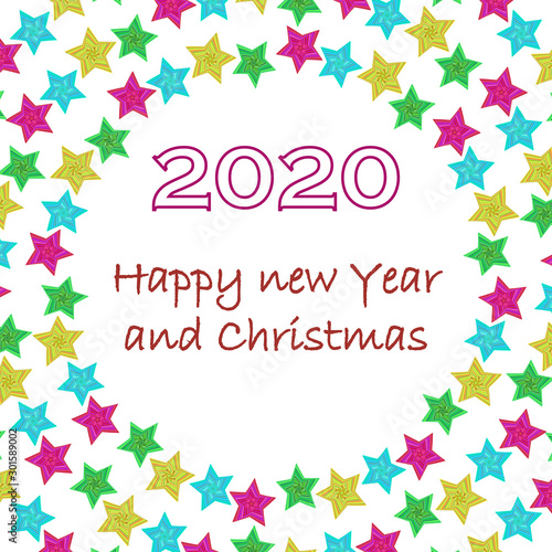 Square white background with multicolor stars. In the center of the text congratulating the New year and Christmas. The format is suitable for a postcard, greeting, poster or invitation.