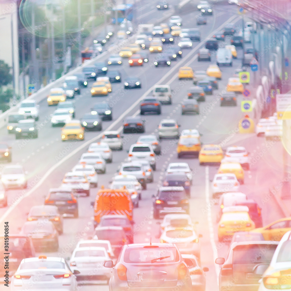 Obraz premium day traffic traffic jam in the city on the highway cars / transport concept, city traffic metropolis view landscape