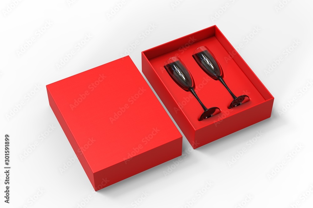 Flute glasses gift hard box for branding. 3d render illustration. Flute glasses gift hard box for branding. 3d render illustration.