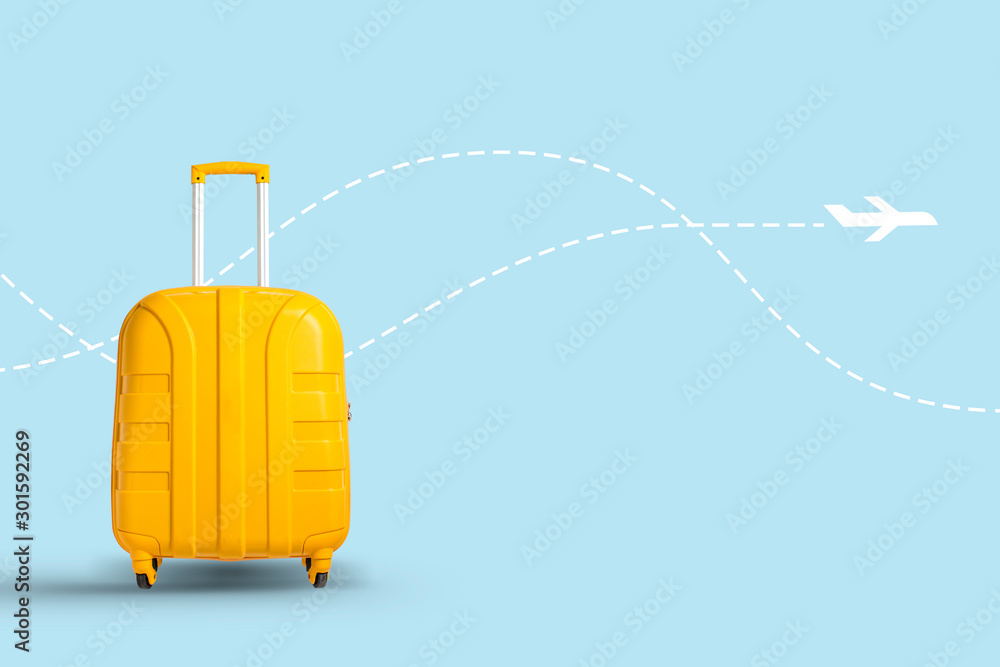 Yellow suitcase on a white background with a flying airplane icon. Travel  and vacation concept, business trip. Flat lay, top view Stock-foto | Adobe  Stock