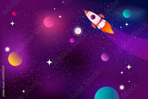 Horizontal space background with with flying rocket and planets. Web design. Space exploring. Vector illustration. Gradient design.