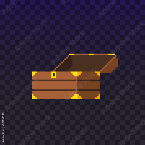 Pixel open empty treasure chest for video game. Wealth. Vector illustration isolated on dark background.