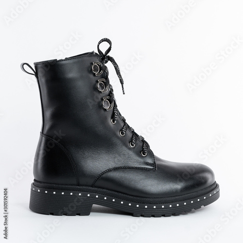 high black leather womens demi season boots with laces on a white background