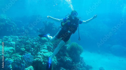 Wallpaper Mural Diving with air balloon in the red sea. Instructor. Girl and coral reefs. Traveling lifestyle. Water sports. Beach holidays. Torontodigital.ca