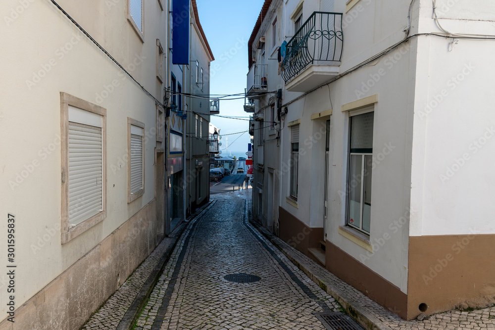Nazare city street at Atlantic ocean, Portugal.